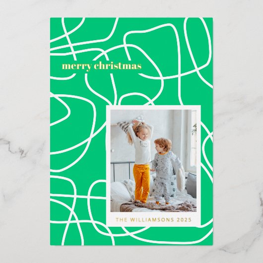 抽象的なモダン ライン アート 緑 カスタム フォト ゴールド 箔シーズンカード (正面)
