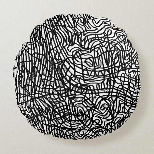 抽象的なモノクロのラインのパターン ラウンドクッション (正面)