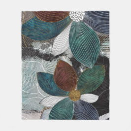 抽象的なラインアートの花柄アートとボールドペタル フリースブランケット