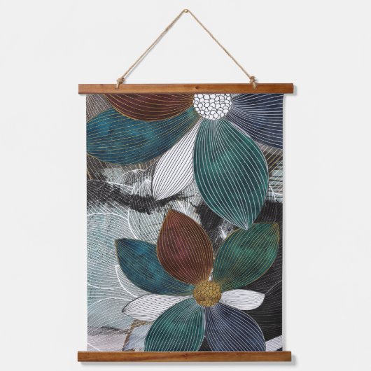 抽象的なラインアートの花柄アートとボールドペタル 吊り下げ型タペストリー (正面)