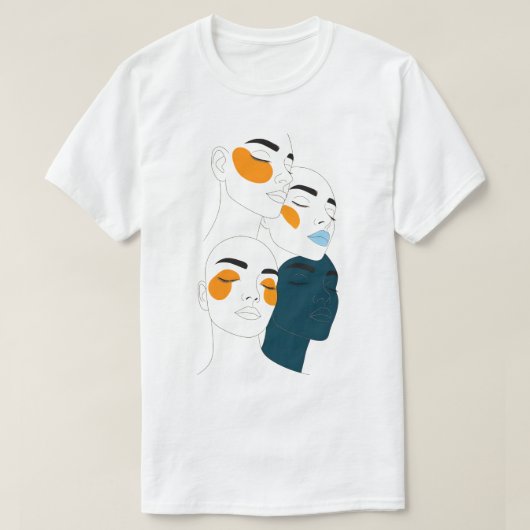 抽象的なラインアートプリント、重なり合う4つの顔 Tシャツ (デザイン正面)