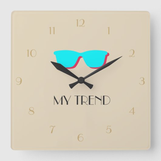 抽象的なレトロのポップアート-ターコイズ及びピンクガラス スクエア壁時計 (正面)