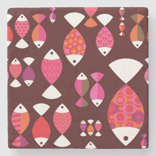 抽象的なレトロの魚の水中パターン ストーンコースター (正面)