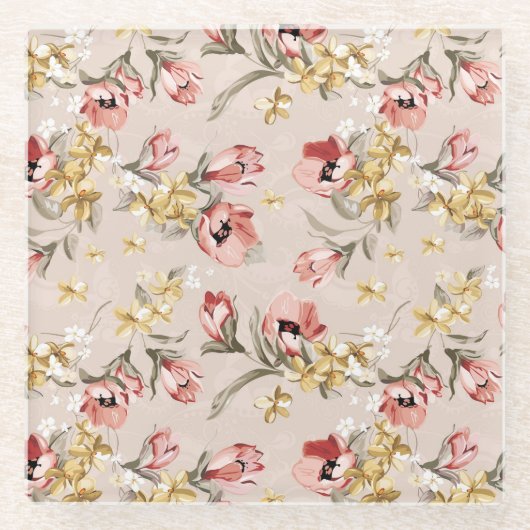 抽象的な優雅の花パターン3 ガラスコースター (正面)