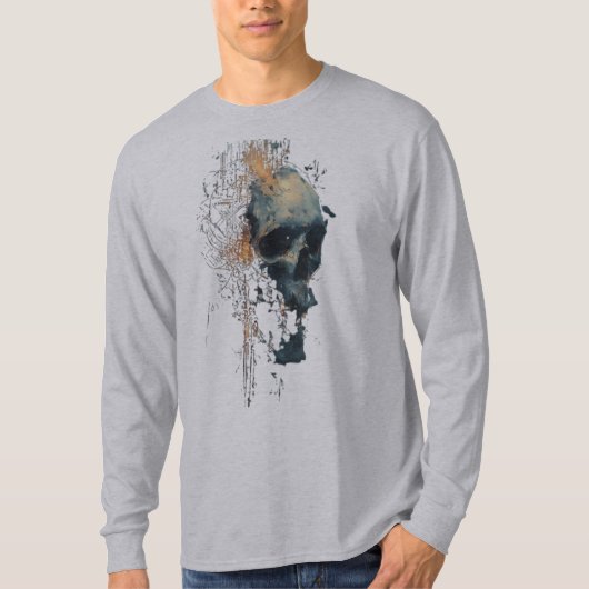 抽象的な回路のドクロ デジタルアート ロングスリーブ Tシャツ (正面)