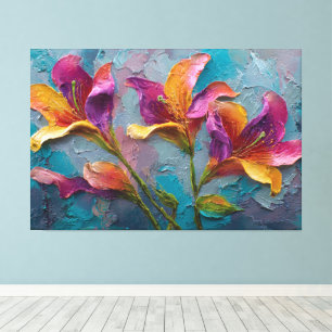 抽象的な壁のアート「紫、赤紫、オレンジの花」 キャンバスプリント