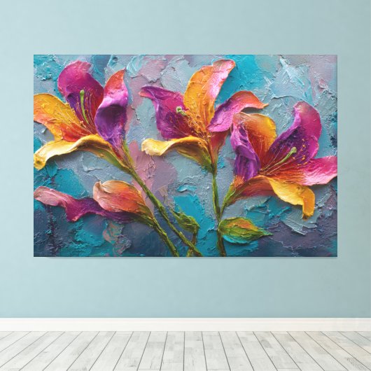 抽象的な壁のアート「紫、赤紫、オレンジの花」 キャンバスプリント (インサイチュ (ウッドフロア))