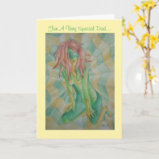 抽象的な多色の緑の女性のレトロなイメージ カード (黄色い花)