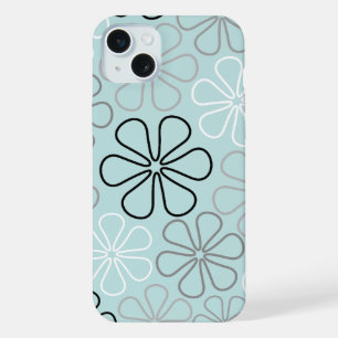 抽象的な大きな花の輪郭 BWG+ダックエッグブルー iPhone 15 PLUSケース
