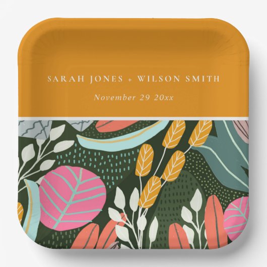 抽象的な大胆な色彩豊かなトロピカルボタニカルウェディング ペーパープレート (正面)