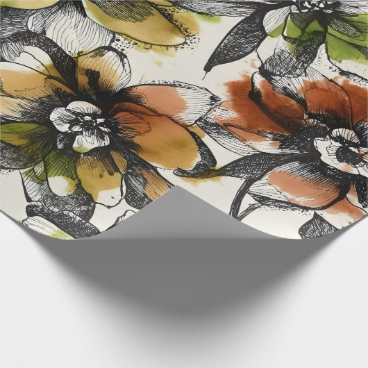 抽象的な大輪の花のペンとインク画 ギフト包装紙 ラッピングペーパー (角)