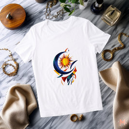 抽象的な太陽と月のTシャツ | 華やかな天体柄 トライブレンドＴシャツ