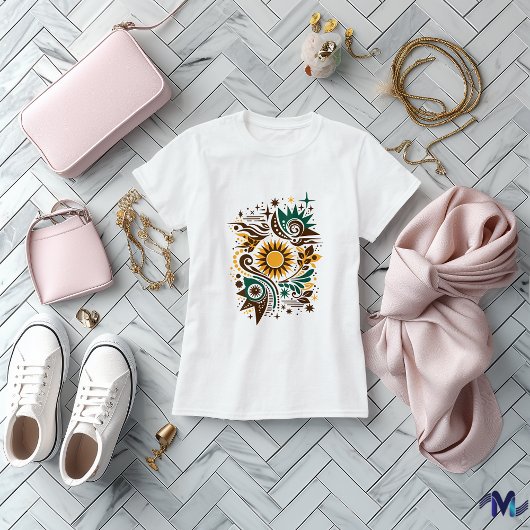 抽象的な太陽と自然の芸術デザイン Tシャツ