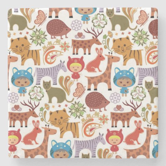 抽象的な子供および動物パターン ストーンコースター (正面)