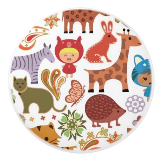 抽象的な子供および動物パターン セラミックノブ (正面)