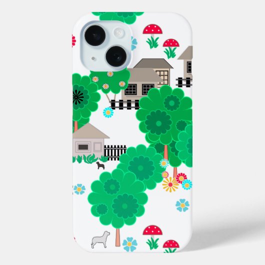抽象的な子供向け漫画の家や犬や木のシームレスパターン グレー Case-Mate iPhoneケース (裏面)
