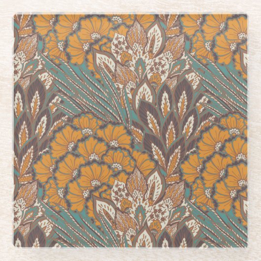 抽象的な孔雀の羽パターン ガラスコースター (正面)