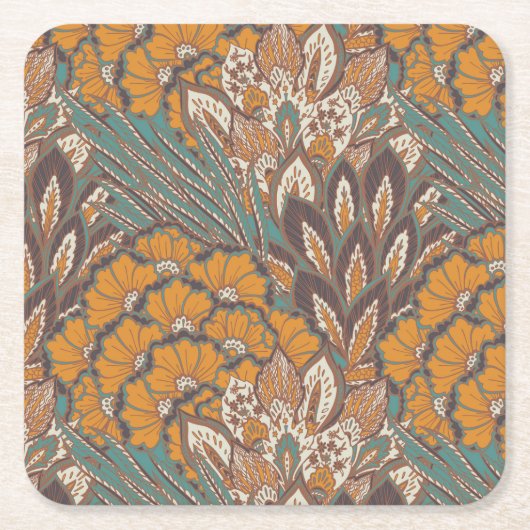 抽象的な孔雀の羽パターン スクエアペーパーコースター (正面)