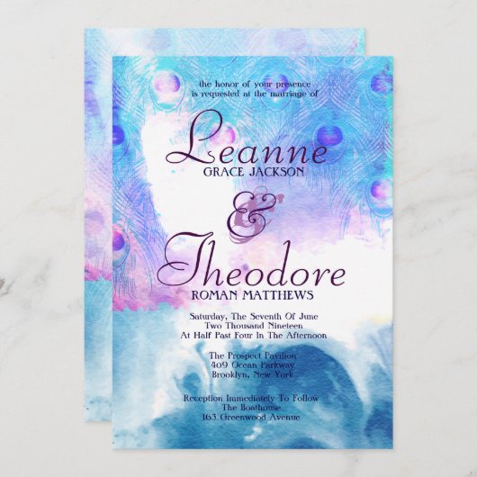抽象的な孔雀、水彩画の結婚式招待状 招待状 (正面/裏面)