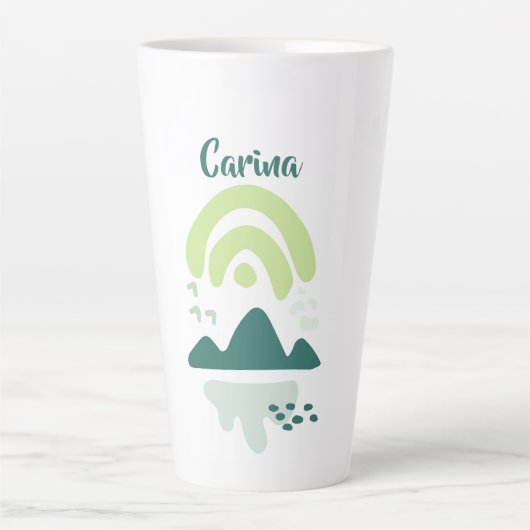 抽象的な山と湖の風景 名前入り カフェラテマグ (正面)