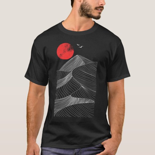 抽象的な山と赤い太陽 Tシャツ (正面)