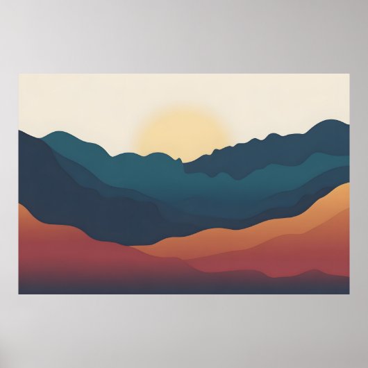 抽象的な山の層が深い青とオレンジで描かれた風景 ポスター (正面)