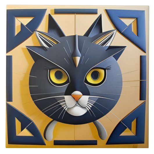 抽象的な幾何学模様のスタイリッシュな猫 タイル (正面)