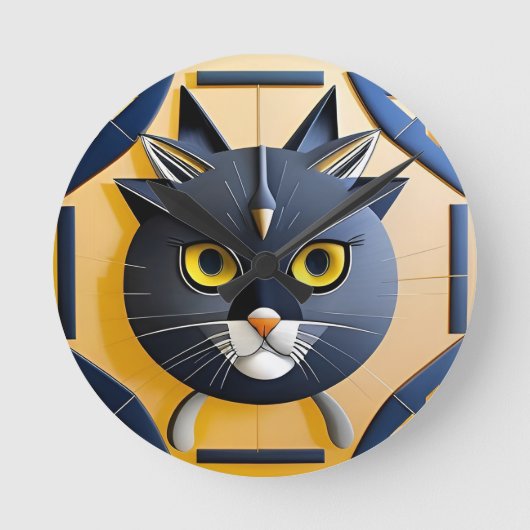 抽象的な幾何学模様のスタイリッシュな猫 ラウンド壁時計 (正面)