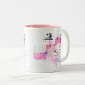 抽象的な幾何学的なピンクの花と葉 ブラック ツートーンマグカップ (正面右)