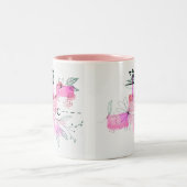 抽象的な幾何学的なピンクの花と葉 ブラック ツートーンマグカップ (中央)