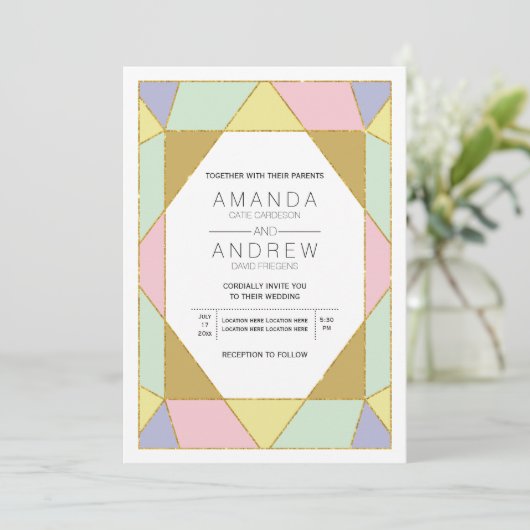 抽象的な幾何学的な宝石 ピンク ミント 現代のウェディング 招待状 (スタンド正面)