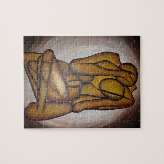 抽象的な恋人たち - 黄土色と茶色の現代アート ジグソーパズル (横)