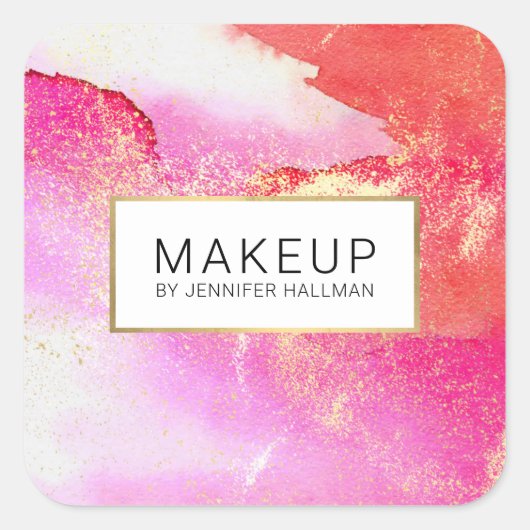 抽象的な明るいピンクの水彩画 フェイクゴールドダスト スクエアシール (正面)