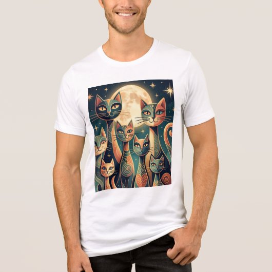 🔥抽象的な月と猫の家族のエレガントなアートデザイン トライブレンドTシャツ (正面)