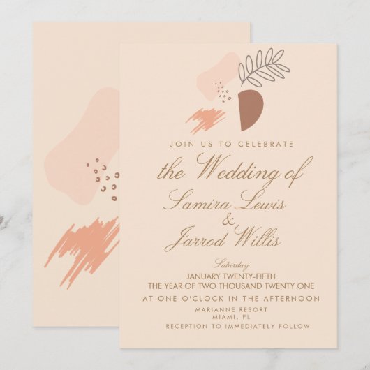 抽象的な有機的幾何学的なアースカラーの結婚式 招待状 (正面/裏面)