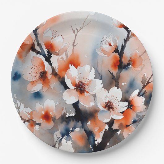 抽象的な桃の花の春の紙皿 ペーパープレート (正面)