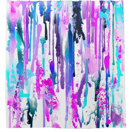 抽象的な水彩の垂れ込み 青 ターコイズ ピンク シャワーカーテン (正面)