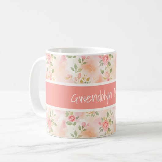 抽象的な水彩の小さなピーチピンクの花 コーヒーマグカップ (正面左)