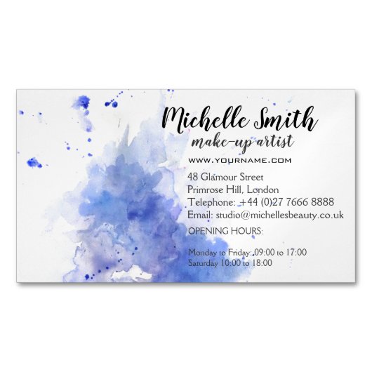抽象的な水彩の淡い青の飛沫と筆跡 マグネット名刺 (正面)