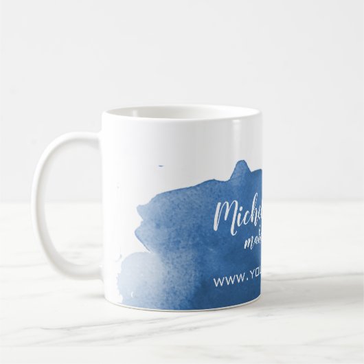 抽象的な水彩の青い色の飛沫と筆の跡 コーヒーマグカップ (左)
