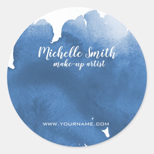 抽象的な水彩の青い色の飛沫と筆の跡 ラウンドシール (正面)