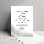 抽象的な水彩グリーンの筆致とゴールド 招待状