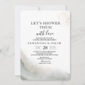 抽象的な水彩グリーンの筆致とゴールド 招待状 (正面)