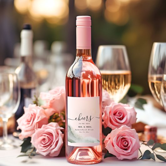 抽象的な水彩グリーンの筆跡とゴールド ワインラベル