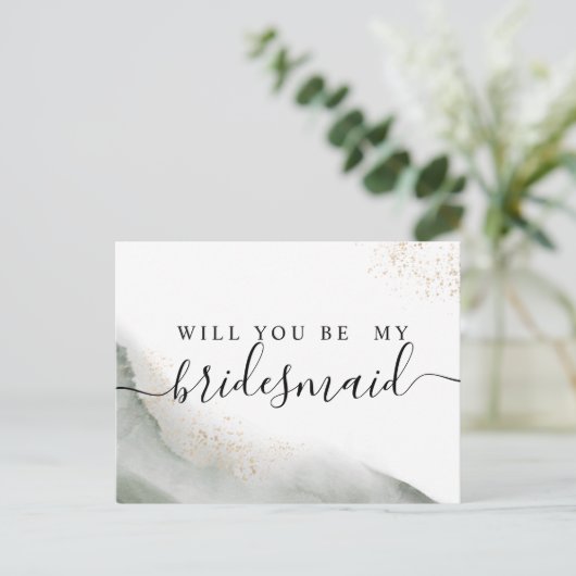 抽象的な水彩グリーンブラシストロークとゴールド インビテーションポストカード (スタンド正面)