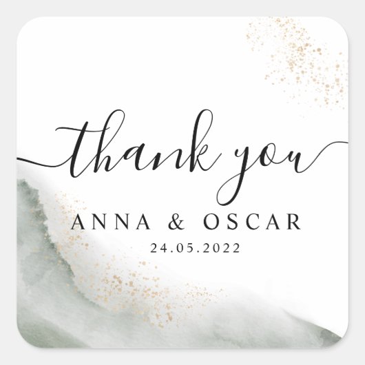 抽象的な水彩グリーンブラシストロークとゴールド スクエアシール (正面)