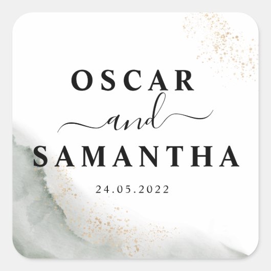 抽象的な水彩グリーンブラシストロークとゴールド スクエアシール (正面)