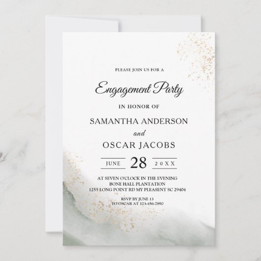 抽象的な水彩グリーンブラシストロークとゴールド 招待状 (正面)