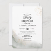 抽象的な水彩グリーンブラシストロークとゴールド 招待状 (正面)