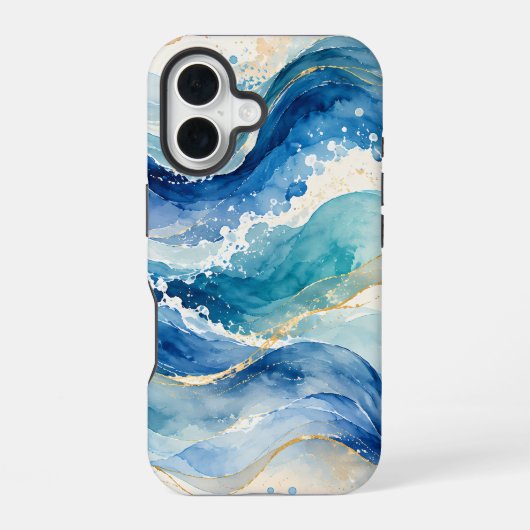 抽象的な水彩海洋波パターン iPhone 16ケース (裏面)